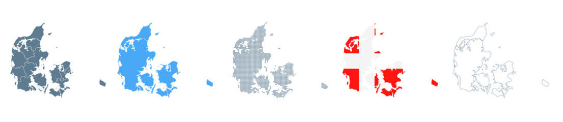 Fototapeta na wymiar Denmark Map Set - Vector Solid, Contour, Regions, Flag, Pixels