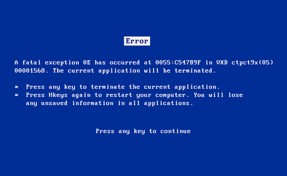 BSOD screen old 98 error crash software. Bluescreen death system pc bug, bsod screen