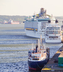Cruiseships or cruise ship liners in port of Quebec City, Canada on Saint Lawrence river with...