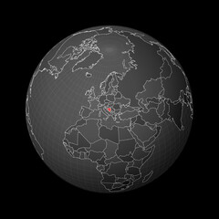 Dark globe centered to Bosnia. Country highlighted with red color on world map. Satellite world projection. Stylish vector illustration.