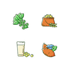 Health vegetables types RGB color icons set. Eco brussels sprouts. Organic soy milk. Sweet potatoes meal preparation. Isolated vector illustrations