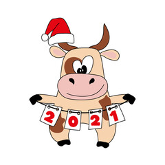 A funny bull in a New Year's red Santa hat holds flags with the numbers 2021. The symbol of 2021. Year of the Ox according to the Eastern calendar. Vector illustration in doodle style.