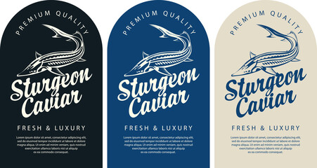 Set of labels for black sturgeon caviar with a sturgeon fish, calligraphic inscription and place for text. Monochrome vector labels, banners or stickers in retro style