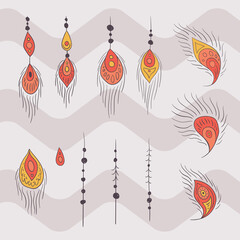 A set of decorative hand-drawn feathers.