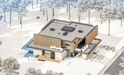 3d rendering of modern cozy house with parking and pool for sale or rent with wood plank facade and beautiful landscaping on background. Cool winter day with shiny white snow.