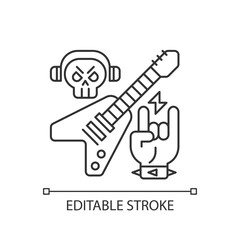 Heavy metal pixel perfect linear icon. Rock songs types. Electrical guitar. Skull with headphones. Thin line customizable illustration. Contour symbol. Vector isolated outline drawing. Editable stroke