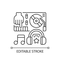 Electronic music pixel perfect linear icon. Dj mixer station. Party music editing. Thin line customizable illustration. Contour symbol. Vector isolated outline drawing. Editable stroke
