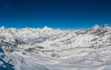 Panoramic view of the famous Zermatt ski resort in the alps in Canton Valais in Switzerland on a sunny winter day