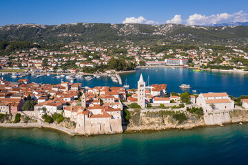 Fototapeta na wymiar Aerial view of the Rab old town on Rab island along the Dalmatia coast in Croatia in the Balkans