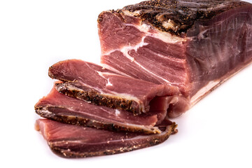 Dried and smoked meat isolated on white background