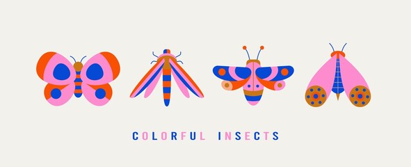 Various Bugs, Butterflies, Moth. Different insects. Minimalistic scandinavian colorful Icons. Simple flat geometric design. Trendy bright Vector illustrations for kids. All elements are isolated