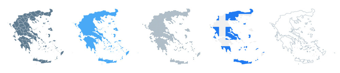Greece Map Set - Vector Solid, Contour, Regions, Flag, Pixels