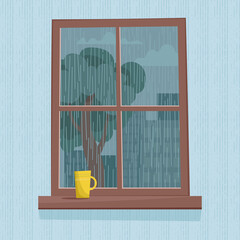Rain outside the window. Cute vector illustration in flat style