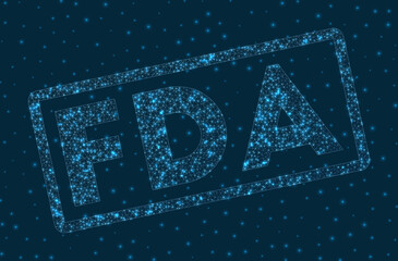FDA word in digital style. Glowing geometric FDA badge. Neat vector illustration.