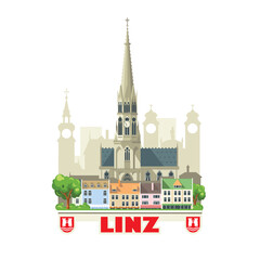 Linz city skyline, Austria. City landscape with ancient architectural buildings and the city's coat of arms. Tourist routes and trips across Europe.