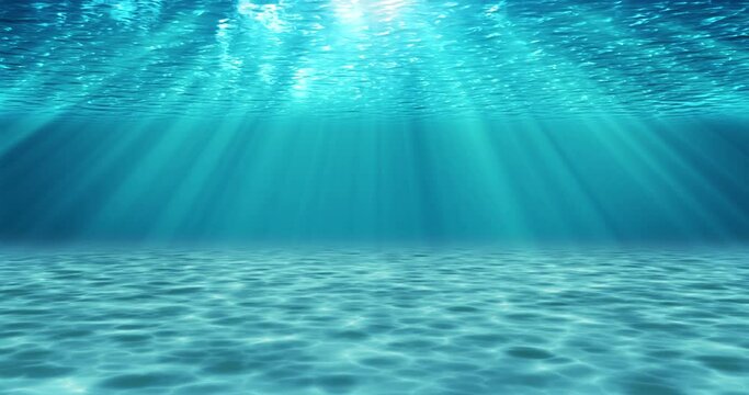Realistic sandy underwater scene with light rays. Turquoise decorative background, animated illustration.