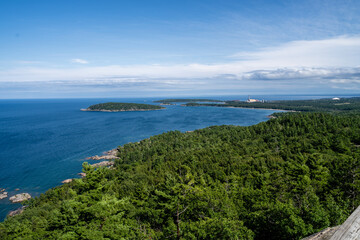 Fototapeta na wymiar View of Lake Superior from atop Sugarloaf Mountain in Michigan in summer
