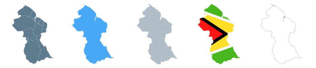 Fototapeta na wymiar Guyana Map Set - Vector Solid, Contour, Regions, Flag, Pixels