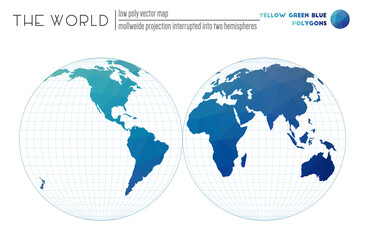Vector map of the world. Mollweide projection interrupted into two hemispheres of the world. Yellow Green Blue colored polygons. Contemporary vector illustration.