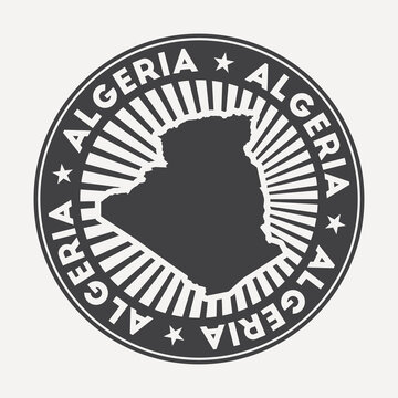 Algeria round logo. Vintage travel badge with the circular name and map of country, vector illustration. Can be used as insignia, logotype, label, sticker or badge of the Algeria.