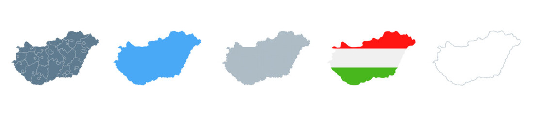Hungary Map Set - Vector Solid, Contour, Regions, Flag, Pixels
