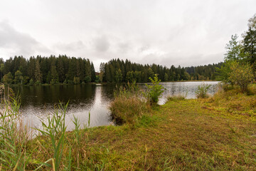 Rundweg am Schwarzsee bei Kitzbühel in Tirol bei Regen und Wolken