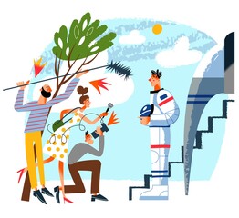 Astronaut giving interview. Man in spacesuit in front of spacehip talking to reporters before departure or after arrival to Earth. Moon and planet travel vector illustration