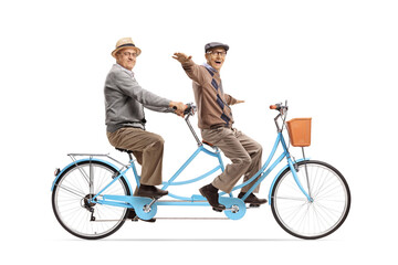 Cheerful elderly men on a tandem bicycle
