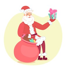 Santa giving present at Christmas party. Happy man wearing xmas Santa Claus suit and hat vector illustration. Man in red with big bag of presents for children on white background