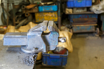 Vise Tools mounted on a table in an industrial factory