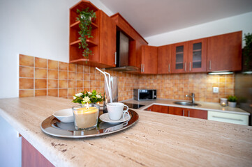 Kitchen in an appartment. Furnished indoor space.