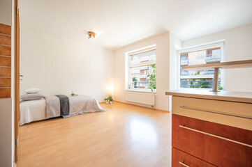 Bright big room in an appartment. Home staging.