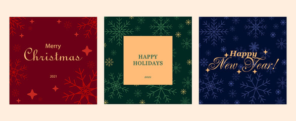 Happy holidays. Merry Christmas. Happy New year. Postcard template. Social media post. Print invitation. Snowflakes pattern background on square cards