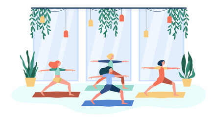 Women exercising in fitness club, attending yoga class, standing in warrior pose on mat. Flat vector illustration for physical activity, gymnastics, lifestyle concept