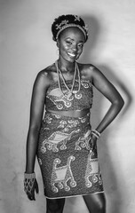 Black & white portrait of a beautiful African woman dressed in Igbo traditional attire