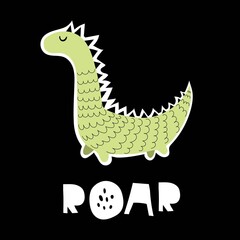 cartoon dinosaur, hand drawing lettering on a neutral background. colorful vector illustration for kids, flat style. baby design for cards, print, posters, logo, cover