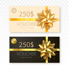 Gift voucher template isolated. Vector gift card with gold ribbon and bow.