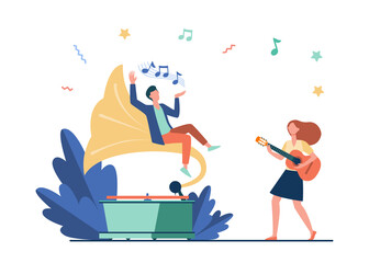 Guy listening to music at retro gramophone. Girl playing guitar and singing flat vector illustration. Entertainment, performing, leisure concept for banner, website design or landing web page