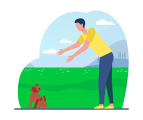 Man walking with dog outdoors. Guy reaching hands for picking puppy from ground flat vector illustration. Animal care, pet adoption concept for banner, website design or landing web page