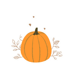 Cute orange pumpkin with hand drawn leaves and small hearts on white background. Thanksgiving pumpkin illustration. - Vector