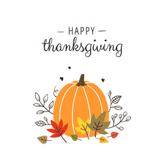 Happy Thanksgiving! Orange pumpkin and autumn leaves on a white background. - Vector