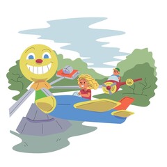 Children having fun ride at attraction park. Carnival fairground or funfair vector illustration. Kids on carousel sitting in planes. Happy people at amusement park on holiday or weekend