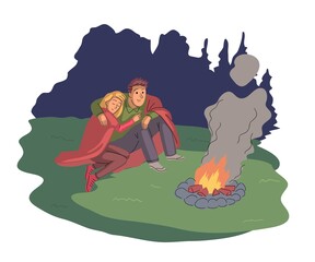 People traveling on adventure, sitting by campfire. Couple trekking in forest, sitting, resting together by bonfire at night. Tourist outdoor romantic scene vector illustration