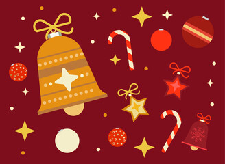 2021 New Year Eve card template. Bells Christmas decoration set