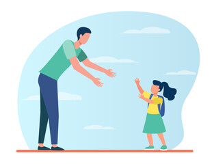 Fototapeta premium Dad meeting daughter outside. Man and girl walking to each other and reaching hands for hug flat vector illustration. Parent, fatherhood, family concept for banner, website design or landing web page