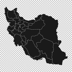 Iran Map - Vector Solid Contour and State Regions on Transparent Background