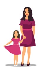 Happy mother with daughter isolated on white background. Woman holding hand with child. Parenthood vector illustration. People together. Mom caring about girl