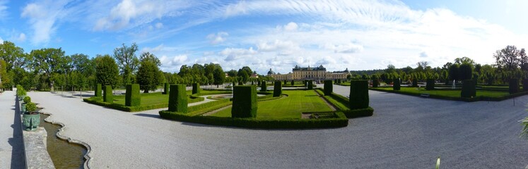 Panoramic view of the gardens and the Drottningholm Palace, the private residence of the Swedish royal family. Stockholm County, Sweden