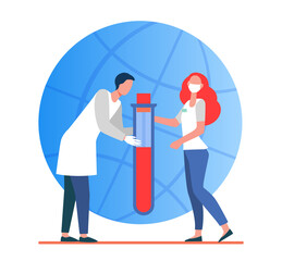 Tiny doctors holding flask with blood. Globe on background. Analysis, mask, virus flat vector illustration. Medicine and diagnostics concept for banner, website design or landing web page
