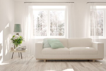 White living room with sofa and winter landscape in window. Scandinavian interior design. 3D illustration